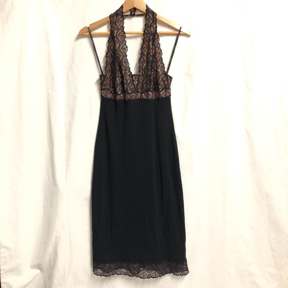 Vintage Nicole Miller halter dress, black with red lace detail, size 8
